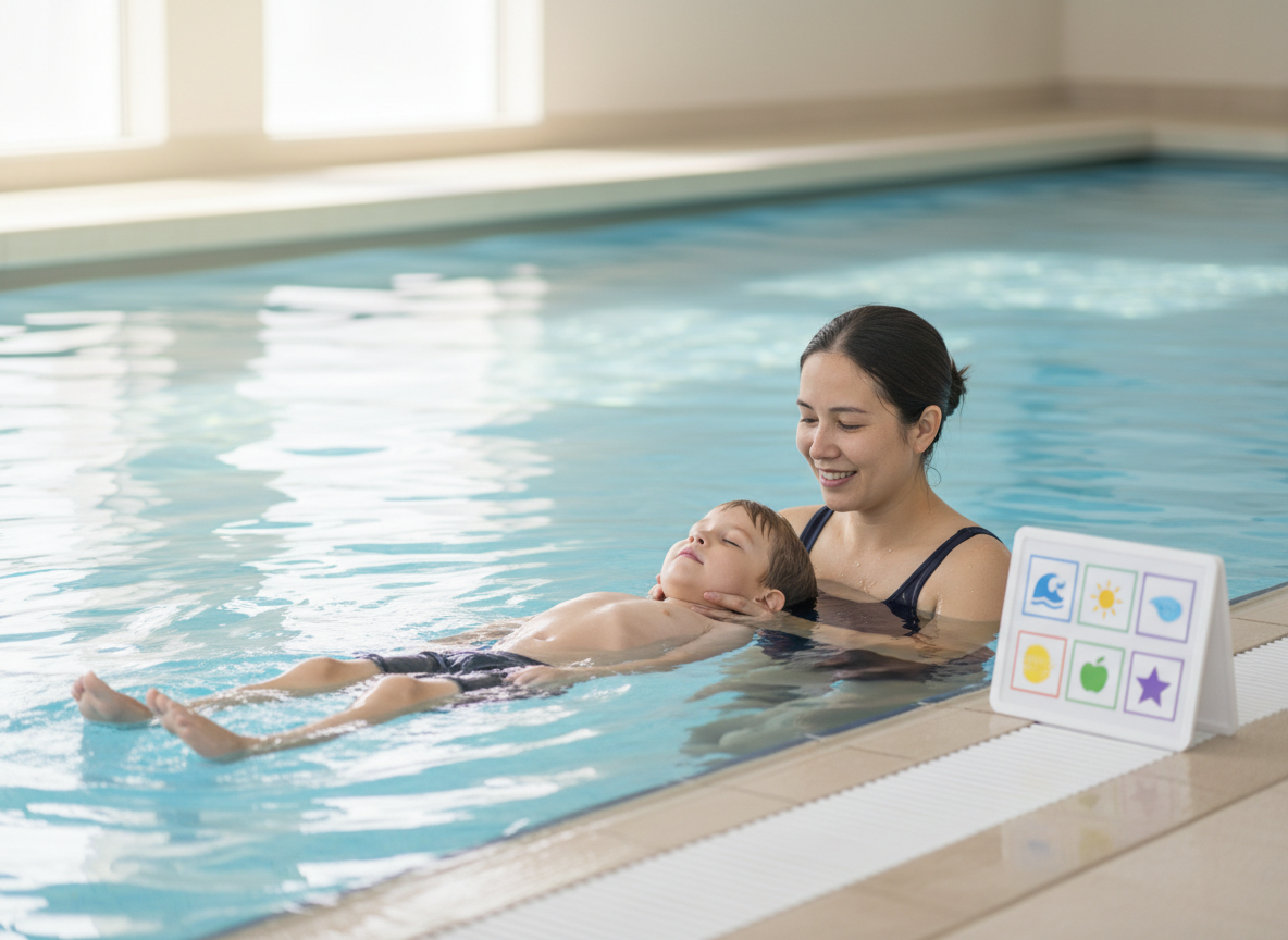 Public holidays 2027 special needs swimming – instructor supporting a child floating calmly, with a visual schedule at the poolside